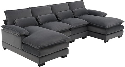 U Shaped Modular Sectional Sofa with Double Chaise Lounge, Chenille Upholstered Symmetrical Cloud Couch with Solid Wood Legs and Waist Pillows, 6 Seater Large Sofa&Couch for Living Room Office - LeafyLoom