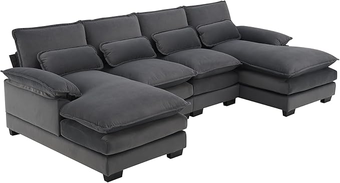 U Shaped Modular Sectional Sofa with Double Chaise Lounge, Chenille Upholstered Symmetrical Cloud Couch with Solid Wood Legs and Waist Pillows, 6 Seater Large Sofa&Couch for Living Room Office - LeafyLoom