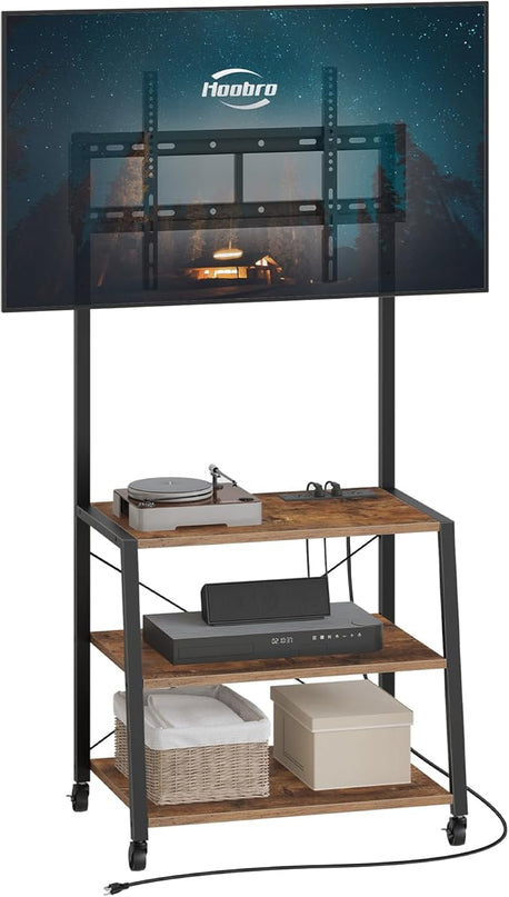 HOOBRO Rolling TV Stand with Mount and Power Outlet Up to 55 inch TV, Corner Entertainment Center, Small TV Stand with 3-Tier Storage Shelves for Living Room, Bedroom, Rustic Brown and Black BF66UDS01 - LeafyLoom