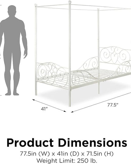 DHP Metal Canopy Kids Platform Bed with Four Poster Design, Scrollwork Headboard and Footboard, Underbed Storage Space, No Box Sring Needed, Twin, White - LeafyLoom