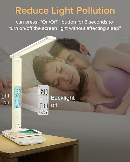 LAOPAO LED Desk Lamp with Wireless Charger, USB Charging Port, Adjustable Foldable Table Lamp with Clock, Alarm, Date, Temperature, 5-Level Dimmable Lighting, Office Lamp with Adapter, White - LeafyLoom