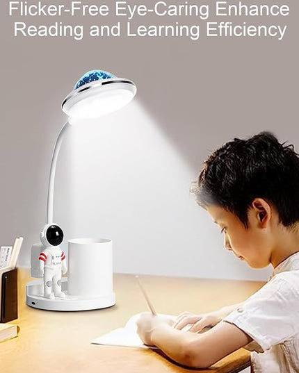 Astronaut Desk Lamp for Kids,Star Space Projector Galaxy Night Light,Eye-Care Reading Small Desk Lamps, with Pen Holder Spaceman Table Lamp, Bedroom Decor Aesthetics, Gifts for Boys and Girls - LeafyLoom