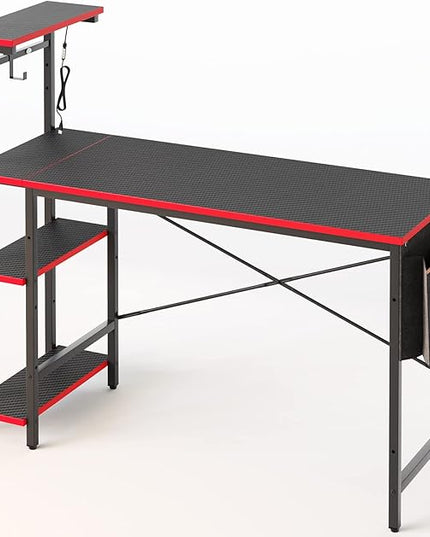 Bestier Gaming Desk with LED Lights, Computer Desk with 4 Tiers Reversible Shelves, 51.3 Inch gamer desk with Side Storage Bag, Hooks and Height Adjustable Shelf (Black Carbon Fiber) - LeafyLoom