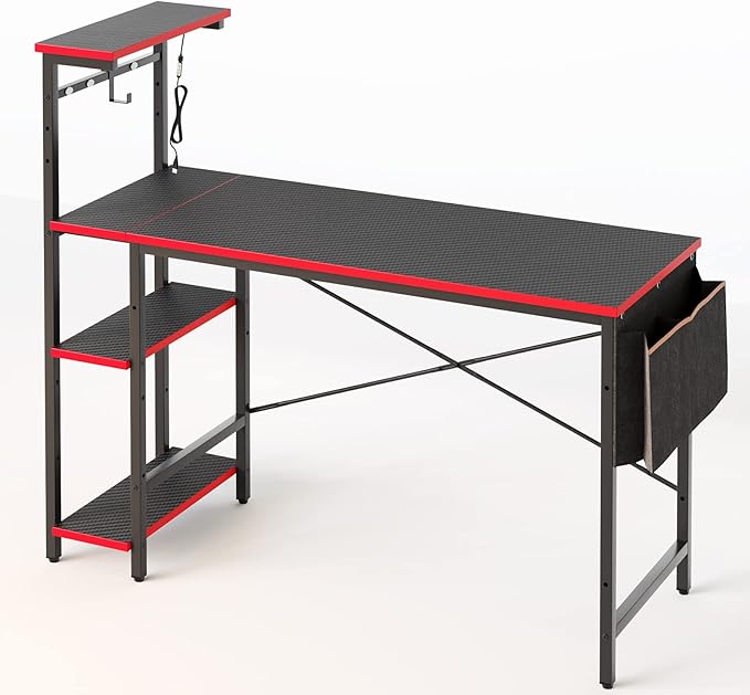 Bestier Gaming Desk with LED Lights, Computer Desk with 4 Tiers Reversible Shelves, 51.3 Inch gamer desk with Side Storage Bag, Hooks and Height Adjustable Shelf (Black Carbon Fiber) - LeafyLoom