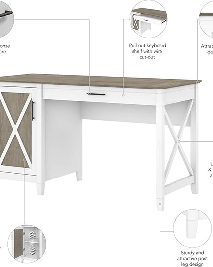 Bush Furniture Key West Computer Desk with Storage | Farmhouse PC Table for Home Office in Pure White and Shiplap Gray | 54W x 24D - LeafyLoom