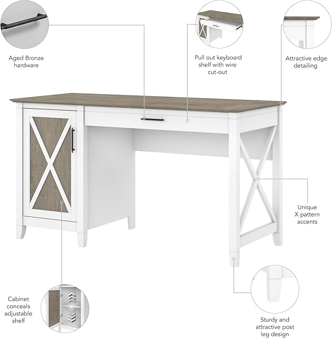 Bush Furniture Key West Computer Desk with Storage | Farmhouse PC Table for Home Office in Pure White and Shiplap Gray | 54W x 24D - LeafyLoom