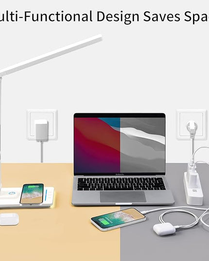 LAOPAO LED Desk Lamp with Wireless Charger, USB Charging Port, Sliding Dimmable Auto Timer Table Lamp with Night Light, Desk Lights with Clock for Study Reading Home Office - LeafyLoom