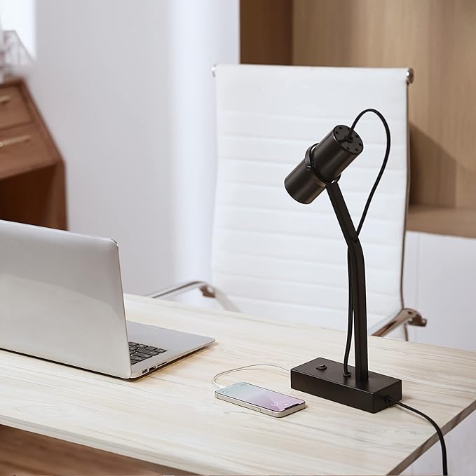Globe Electric MRDK by Globe Series.01.TL 16" LED Desk Lamp, 2.1A Combined USB Port and USB-C Port, 5 Watts, 240 Lumens, 3000 Kelvin Warm White, Adjustable Shade, Matte Black - LeafyLoom