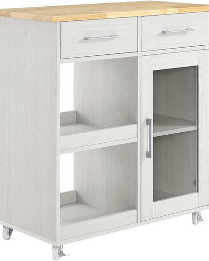 Modway Culinary Rolling Kitchen Cart with Storage in White Natural - 3 Tiers Kitchen Island on Wheels with Towel Bar, Functional as a Coffee Station, Bar Cabinet or Butcher Block Island - LeafyLoom