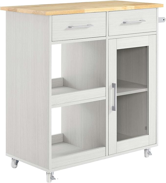 Modway Culinary Rolling Kitchen Cart with Storage in White Natural - 3 Tiers Kitchen Island on Wheels with Towel Bar, Functional as a Coffee Station, Bar Cabinet or Butcher Block Island - LeafyLoom