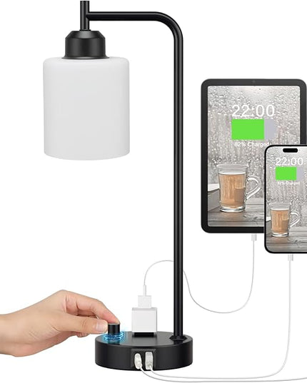 Industrial Bedroom Table Lamps for Bedside - White Opal Glass Shade Desk Lamps with USB C Port, Fully Dimmable Black Lamps with USB Port and Outlet, Reading Nightstand Lamp for Office Living Room - LeafyLoom