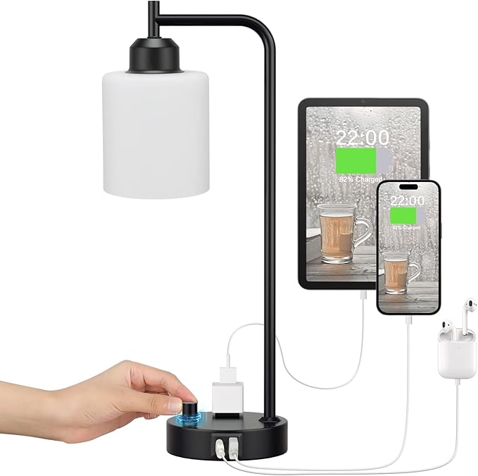 Industrial Bedroom Table Lamps for Bedside - White Opal Glass Shade Desk Lamps with USB C Port, Fully Dimmable Black Lamps with USB Port and Outlet, Reading Nightstand Lamp for Office Living Room - LeafyLoom