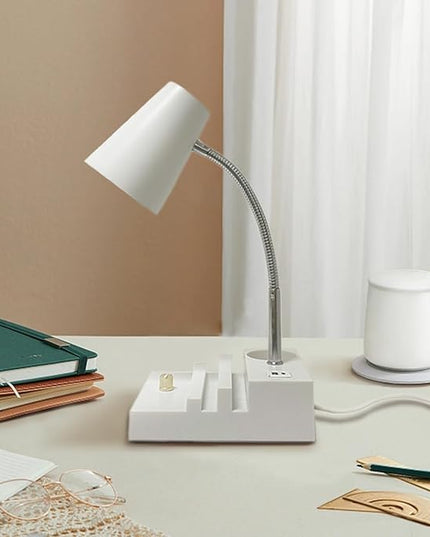 Study Desk Lamp with USB Charging and Type-C Night Light, Gooseneck LED Table Lamp Stepless Dimming Study Table Lamp with Pen Holder for College Dorm Bedroom and Office (White) - LeafyLoom