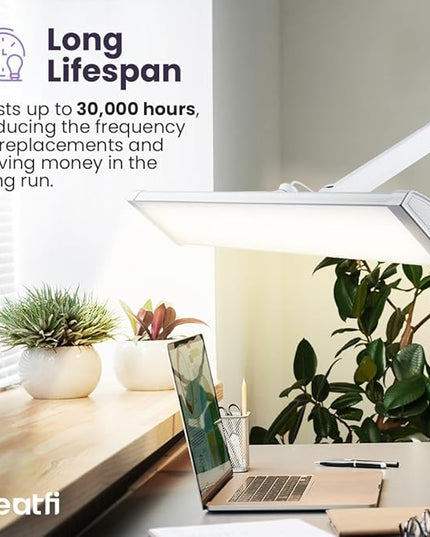 Neatfi Ultra 3,500 Lumen LED Desk Lamp, Color Correlated Temperature, 3 Light Modes, Dimmable, 45W, 26 Inch Wide Metal Shade, 540 SMD LEDs (CCT with Base, White) - LeafyLoom