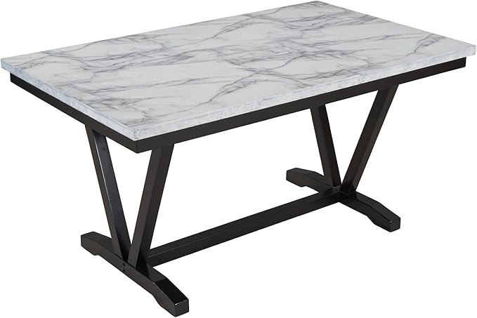 Kitchen Set Modern Style 6-piece Dining 4 Chairs & 1 Bench, Marbled Veneers Tabletop and V-shaped Table Legs, White - LeafyLoom