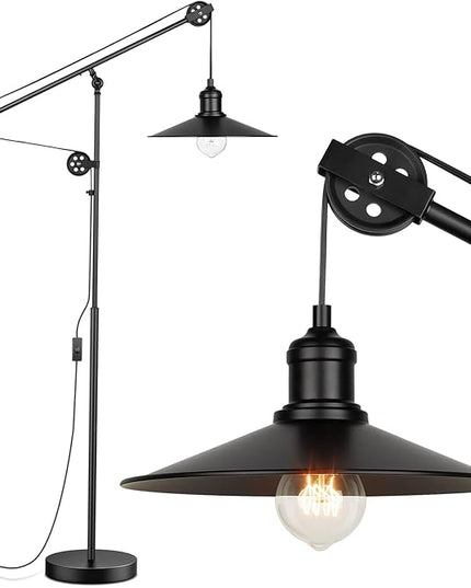 Adjustable Industrial Floor Lamps for Living Room - Rustic Reading Lamp with Pulley System, Modern Farmhouse Indoor Pole Task Lamp, Vintage Tall Standing Lamp for Bedroom Office, Blackened Bronze - LeafyLoom