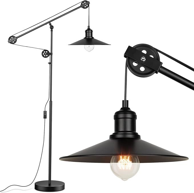 Adjustable Industrial Floor Lamps for Living Room - Rustic Reading Lamp with Pulley System, Modern Farmhouse Indoor Pole Task Lamp, Vintage Tall Standing Lamp for Bedroom Office, Blackened Bronze - LeafyLoom