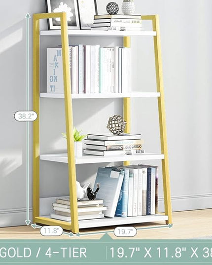 IOTXY 4 Tier Open Bookshelf - Steel and Wood Display Stand, 50CM Width Floor-Standing Bookcase, Gold - LeafyLoom