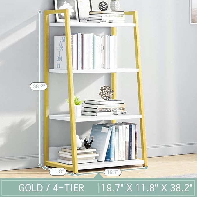 IOTXY 4 Tier Open Bookshelf - Steel and Wood Display Stand, 50CM Width Floor-Standing Bookcase, Gold - LeafyLoom