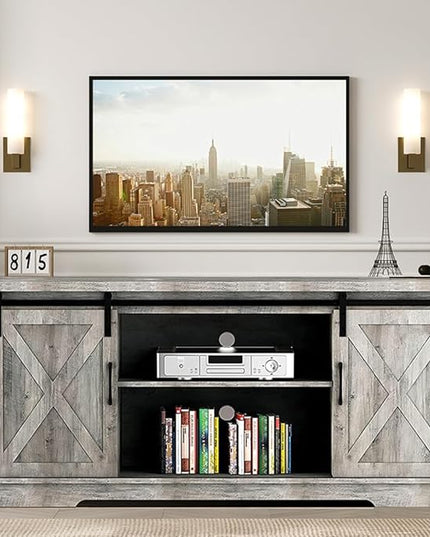 Farmhouse TV Stand for 65 Inch TV Entertainment Center TV Media Console Cabinet, Grey TV Stand with Storage, Barn Doors and Shelves, Tall Modern TV Console Table Furniture for Living Bedroom - LeafyLoom