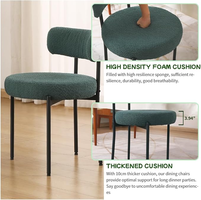 EDWELL Green Dining Chairs Set of 4, Modern Upholstered Dining Room Chairs with Thick Cushion, Curved Backrest Kitchen Chairs Boucle Chair for Dining Room, Living Room - LeafyLoom