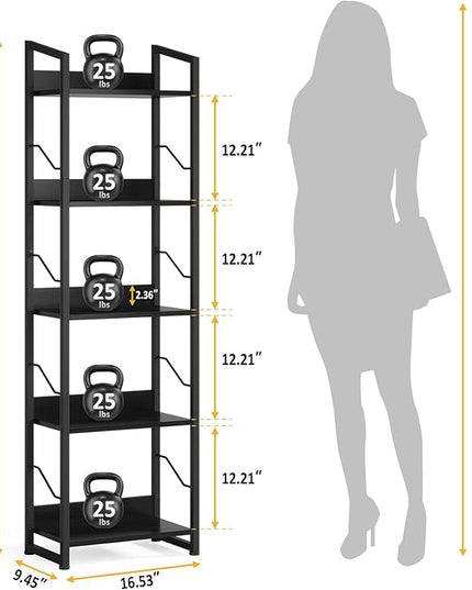 5 Tier Narrow Bookshelf: Tall Bookcase Book Shelf for Bedroom, Industrial Modern Bookshelves for Small Spaces (Black) - LeafyLoom