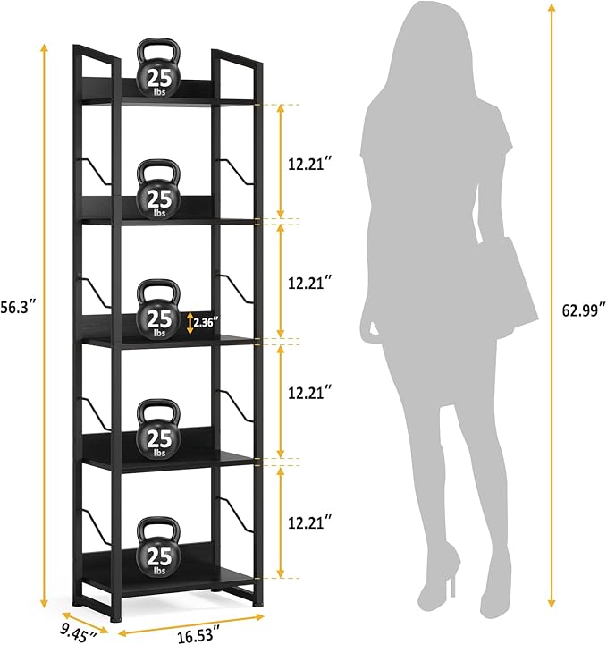 5 Tier Narrow Bookshelf: Tall Bookcase Book Shelf for Bedroom, Industrial Modern Bookshelves for Small Spaces (Black) - LeafyLoom