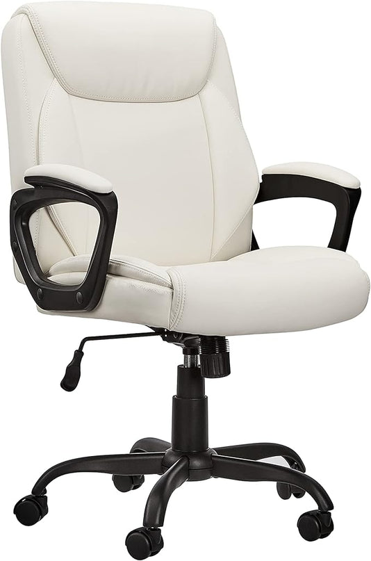 Amazon Basics Classic Puresoft PU Padded Mid-Back Office Computer Desk Chair with Armrest - Cream, 26"D x 23.75"W x 42"H - LeafyLoom