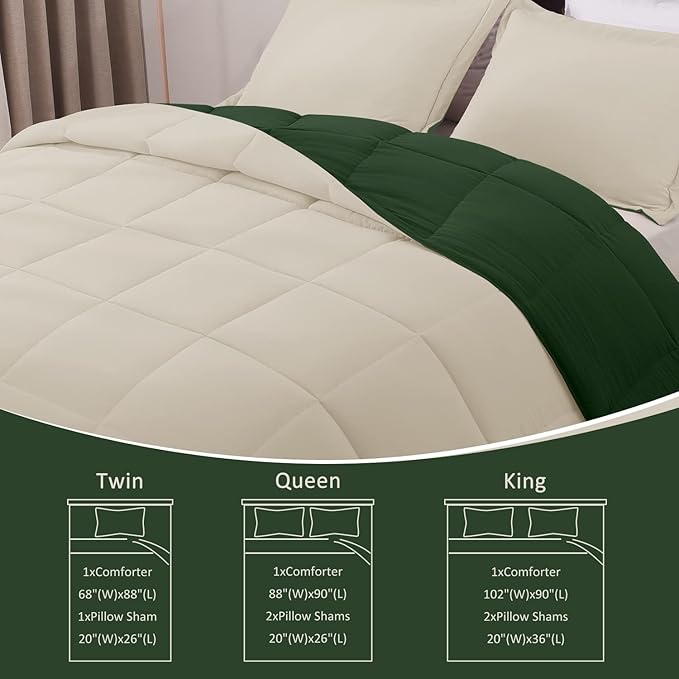 Basic Beyond Queen Comforter Set - Fluffy Comforter Queen Set for All Seasons - Reversible Forest Green Queen Comforter Set for Mens - 3 Pieces (1 Comforter + 2 Pillow Shams) - Forest Green/Ivory - LeafyLoom
