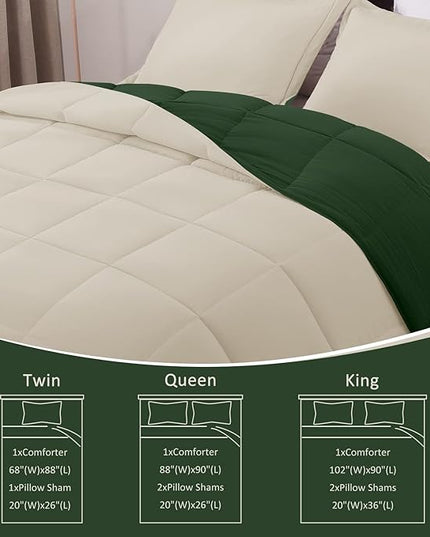 Basic Beyond Twin Comforter Set for Girls and Boys - Fluffy Twin Bed Comforter Set for All Seasons - Reversible Forest Green Comforter Set - 2 Pieces (1 Comforter + 1 Pillow Sham) - Forest Green/Ivory - LeafyLoom
