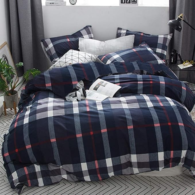 Navy Plaid Comforter Set Full Multicolor Checkered Bedding Quilt Set Navy Blue Tartan Grid Comforter Striped Blanket for Women Teens Adult Navy Checkered Plaid Comforter - LeafyLoom