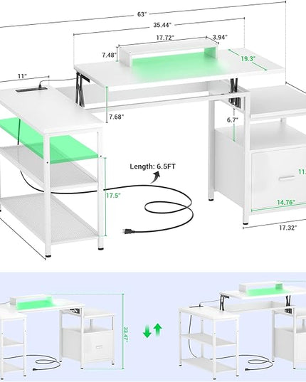 Aheaplus L Shaped Desk with Power Outlet, Standing Home Office Desk with Lift Top and File Drawer, 63'' Corner Computer Desk with Monitor Stand&Printer Shelves, Gaming Desk with Led Lights, White - LeafyLoom