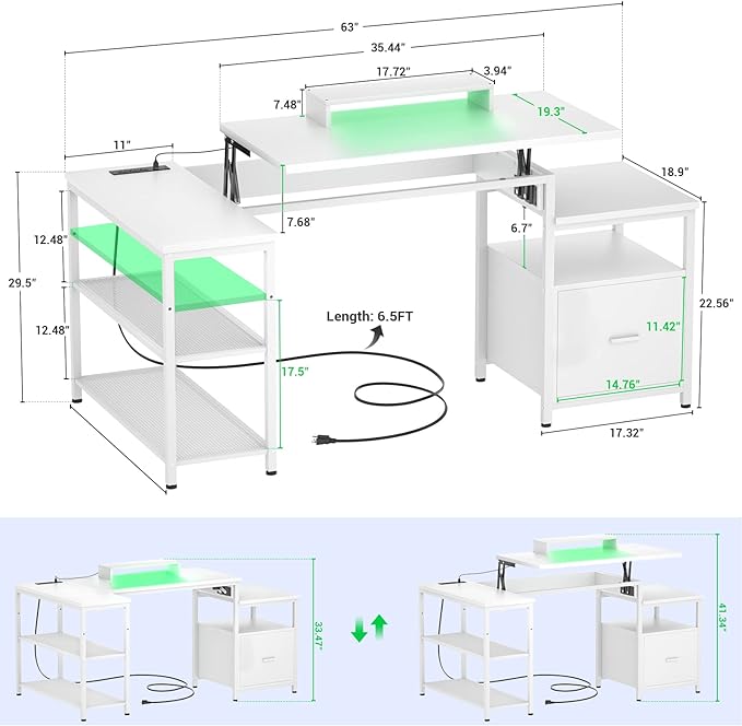 Aheaplus L Shaped Desk with Power Outlet, Standing Home Office Desk with Lift Top and File Drawer, 63'' Corner Computer Desk with Monitor Stand&Printer Shelves, Gaming Desk with Led Lights, White - LeafyLoom