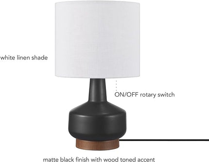 Globe Electric 61000046 15" Ceramic Table Lamp, Matte Black, Wood Toned Base, White Linen Shade, On/Off Rotary Switch on Socket, Living Room, Home Décor, Bedroom - LeafyLoom