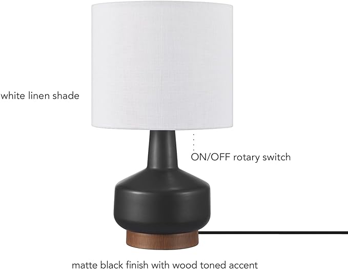 Globe Electric 61000046 15" Ceramic Table Lamp, Matte Black, Wood Toned Base, White Linen Shade, On/Off Rotary Switch on Socket, Living Room, Home Décor, Bedroom - LeafyLoom