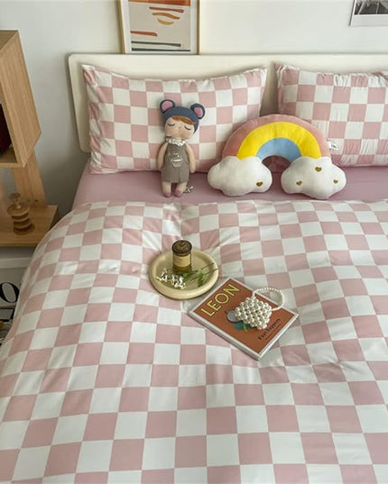 Wellboo Pink White Plaid Comforter Sets California King Women Men Bean Pink and White Checkerboard Grid Bedding Comforters Cal King Cotton Boys Girls Modern Dusty Pink Checkered Geometric Quilts - LeafyLoom