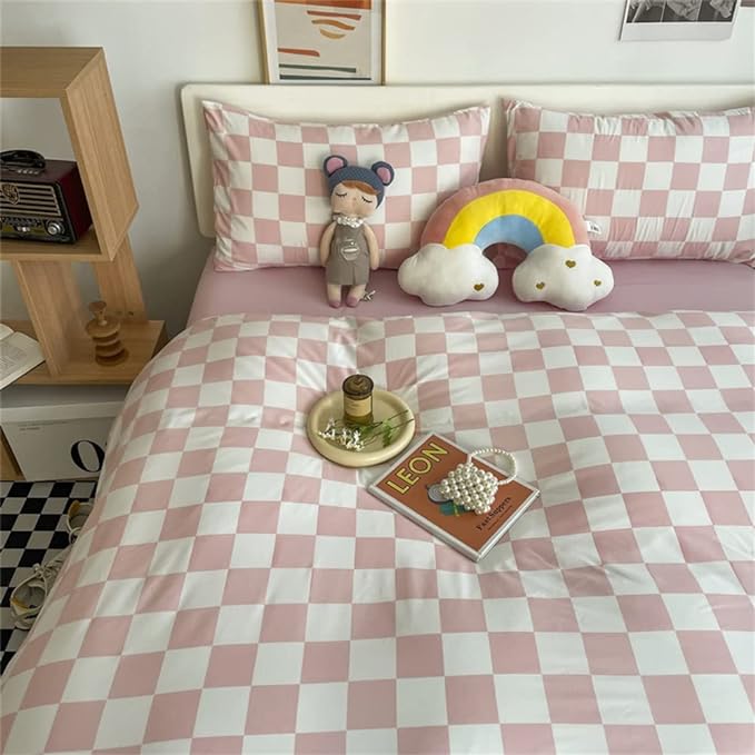 Wellboo Pink White Plaid Comforter Sets California King Women Men Bean Pink and White Checkerboard Grid Bedding Comforters Cal King Cotton Boys Girls Modern Dusty Pink Checkered Geometric Quilts - LeafyLoom
