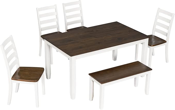 6-Piece Rustic Style Dining Set-Rectangular Wood Kitchen Table, 4 Chairs, and 1 Bench with Plush Upholstered Cushions, Walnut + Cottage White, Onesize - LeafyLoom