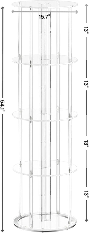 Acrylic Rotating Bookshelf, 5 Tier Round Clear Bookcase with Metal Base, 360 Spinning Bookshelf for Living Room, Bedroom, Corner, Floor Standing, 15.7" D x 15.7" W x 54.1" H - LeafyLoom