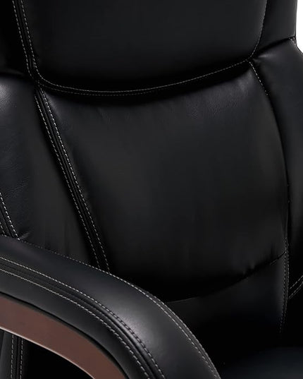 La-Z-Boy Delano Big & Tall Executive Office Chair, High Back Ergonomic Lumbar Support, Bonded Leather, Black with Mahogany Wood Finish - LeafyLoom