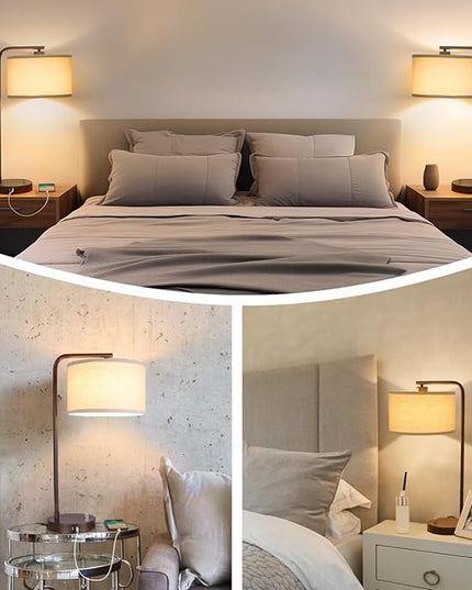 Table Lamps Set of 2, Fully Dimmable Bedside Lamp with Dual USB Charging Ports, Modern Nightstand Lamps with Linen Fabric Shades, Tall Desk Lamp for Bedroom, Living Room, Office, LED Bulb Included - LeafyLoom