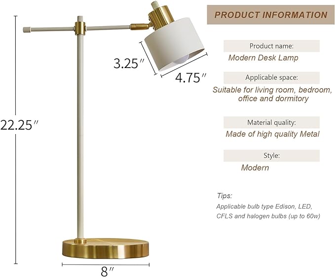 OYEARS Modern Industrial Desk Lamp for Reading LED 22.2“ Metal Table Lamp Light for Office Bedroom Study Room Living Room Nightstand Bedside Lamps Gold and Matte Black Accent (White, Bulb Included) - LeafyLoom