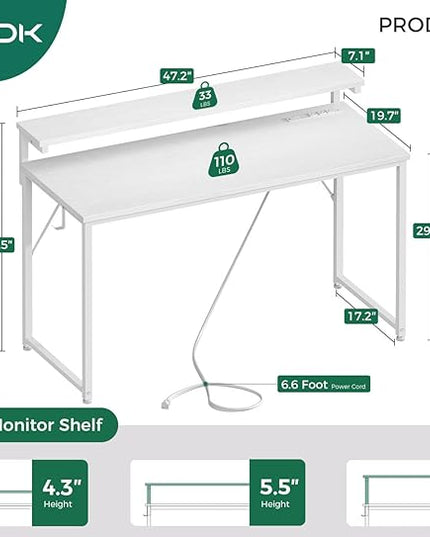 AODK Computer Desk, 48 Inch Gaming Desk with LED Lights and Power Outlet, Office Desk with Adjustable Monitor Shelf (3 Heights), Computer Table Work Desk for Home/Bedroom, White - LeafyLoom