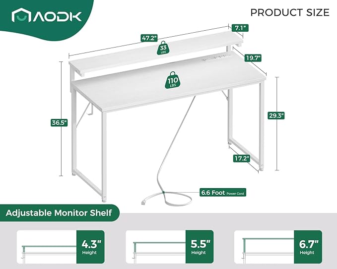 AODK Computer Desk, 48 Inch Gaming Desk with LED Lights and Power Outlet, Office Desk with Adjustable Monitor Shelf (3 Heights), Computer Table Work Desk for Home/Bedroom, White - LeafyLoom