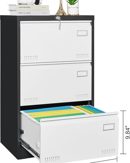 3 Drawer Metal Lateral Lock and Card Holder,Office Vertical Files Storage Cabinets w/Heavy 3 Section Slide Rail & Breathable Holes,for Legal/Letter/A4,Black+White - LeafyLoom