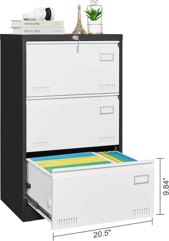 3 Drawer Metal Lateral Lock and Card Holder,Office Vertical Files Storage Cabinets w/Heavy 3 Section Slide Rail & Breathable Holes,for Legal/Letter/A4,Black+White - LeafyLoom