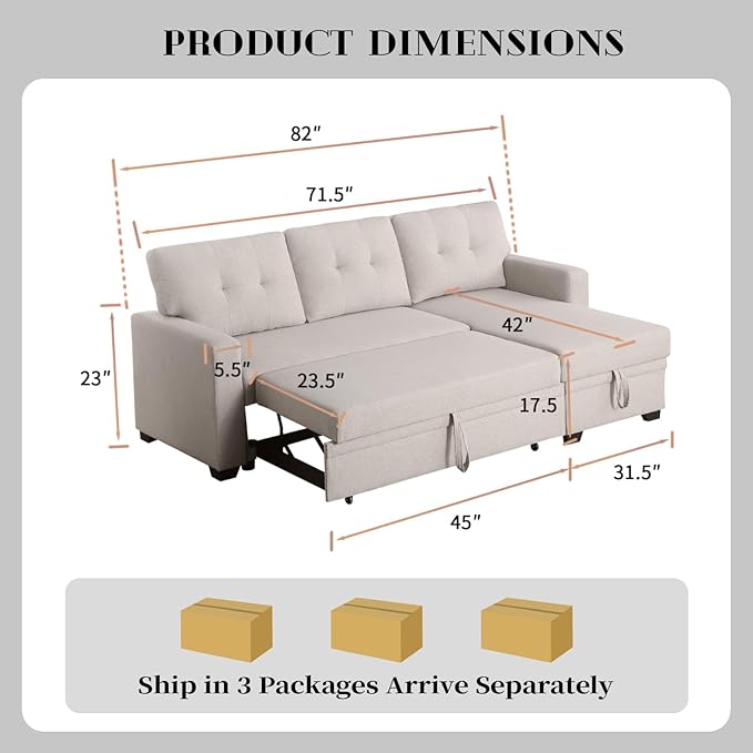 4-in-1 Modular Sofa Bed Convertible Living Room Furniture Sets Upholstered, L Shaped Sectional Comfy Couch with Reversible Storage Chaise for Apartment, Studio, Office, Beige-2 - LeafyLoom