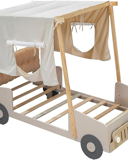 Twin Size Car Bed with Car-light shape LED & Pillow,Wooden Kids Bedframe W/Magazine Holder & Ceiling Cloth,Toy Bedroom Furniture for Boys Kids Toddlers Child,Natural - LeafyLoom