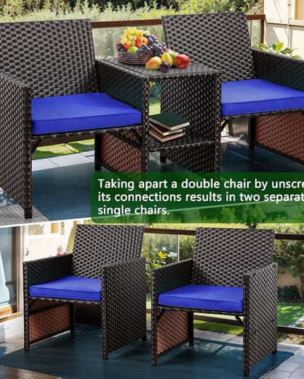 Shintenchi Wicker Patio Conversation Furniture Set with Detachable Chairs & Table and Two Removable Cushions,Rattan Wicker Lover Chair for Patio,Garden, Courtyard and Lawn Backyard (Deep Blue) - LeafyLoom