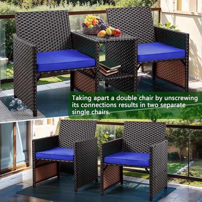 Shintenchi Wicker Patio Conversation Furniture Set with Detachable Chairs & Table and Two Removable Cushions,Rattan Wicker Lover Chair for Patio,Garden, Courtyard and Lawn Backyard (Deep Blue) - LeafyLoom